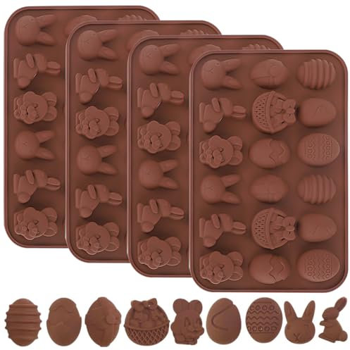 YXHZVON Lot de 4 Moules à Chocolat en Silicone Antiadhésifs avec 18 cavités, Lapin et œufs de Pâques pour la Fabrication de Gâteaux, Gelées, Muffins, Chocolat