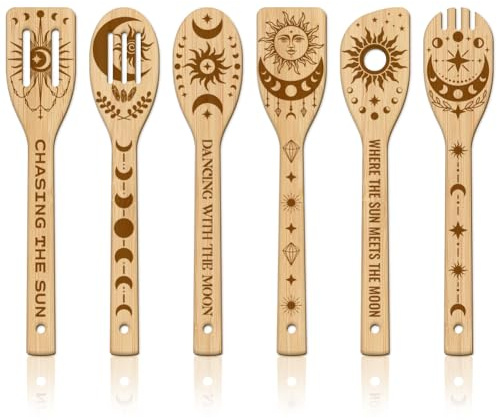 GLOBLELAND 6 Stück Sonne Mond Bambus Kochutensilien Mondphasen Holzgravur Kochlöffel Set Gravur Schnitzerei Küche Bambus Spatel Set Für Küche Housewarming Geschenk Mutter Freundin Frauen