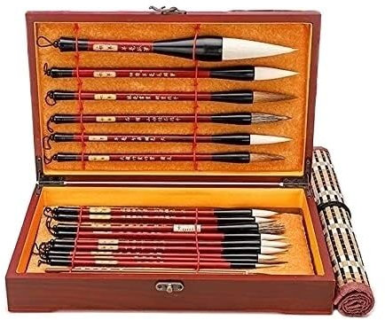Kinesisk kalligrafi pensel, Målning Skrivborste Akvarell Kinesisk kalligrafi Pensel Set Kanji Sumi Målning Ritningsborstar+Rull-up Bambu borstehållare(17pcs)