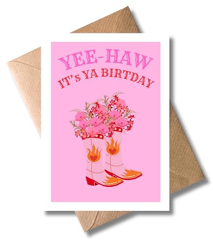Cowgirl Geburtstagskarte mit Umschlag – YEE-HAW IT’S YA BIRTDAY - pinke Western Boots mit Blumenstrauß – lustige Klappkarte zum Geburtstag für Freundin, Schwester oder Kollegin (DIN A6)
