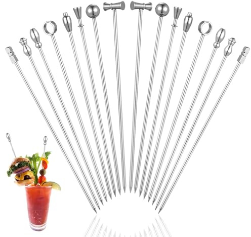 Tyqour 16 Stück Edelstahl Cocktail Spieße 11cm Wiederverwendbare Cocktail Picks aus Edelstahl Martini Picks Metall Obststicks Cocktail-Stick für Fingerfood Spieße für Fingerfood, Obst, Burger