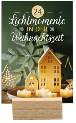 24 Lichtmomente in der Weihnachtszeit: Ein Mini-Adventskalender mit Holzaufsteller. 24 kleine Auszeiten in hochwertiger Verpackung für eine achtsame Adventszeit, ein schön gestaltetes DIN A7-Kartenset