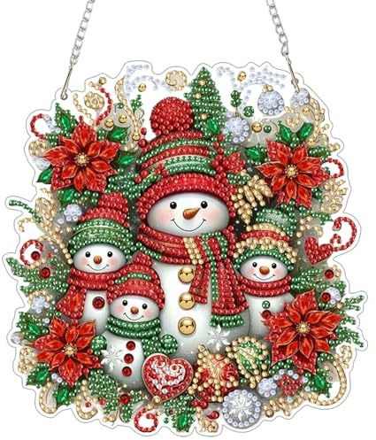 GHHKUD Weihnachten Diamond Painting Fensterbilder Beidseitige, Schneemänner Diamond Painting Anhänger mit Kette, Diamant Malerei Bilder Kristall Fensterbilder, Wandbehang Kit für Fenster Wand Decor
