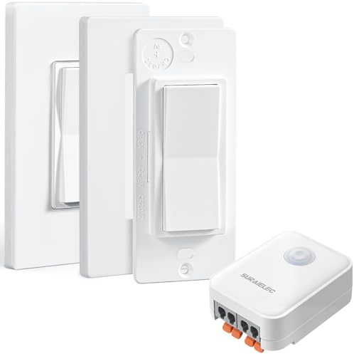 SURAIELEC 3-Way Wireless Remote Control Light Switch & Receiver Kit, 15A RF Wall Switch, 100ft Range, Ultra-Thin Design, Push-in Wiring, Expandable System for Lighting, Lamp (Neutral Wire Required)