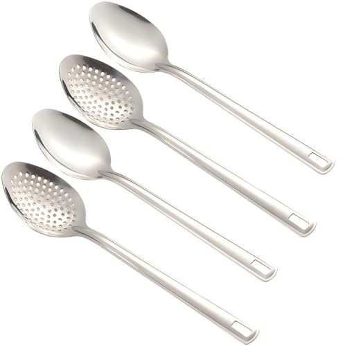 yeeplant Juego de 4 cucharas de cocina de acero inoxidable con asas largas, sólidas y ranuradas para uso profesional y doméstico