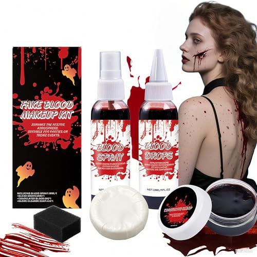 5PCS Halloween Fake Blood Makeup Kit with Cleaning Soap, Realistic Washable Special Effects SFX Face Body Kits-Dripping & Coagulated Blood,Spray,Sponges,Soap For Zombie Vampire Monster Cosplay Clothes