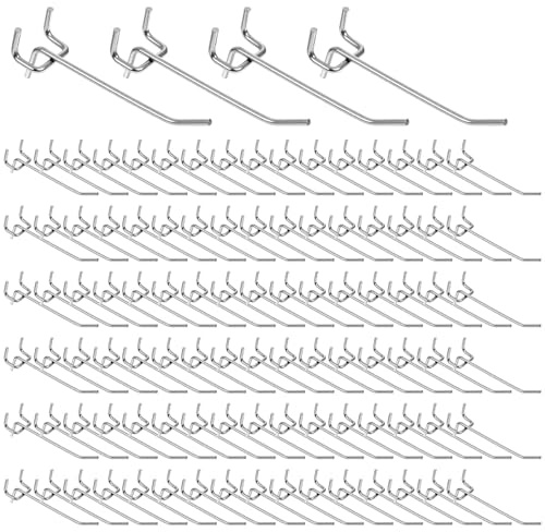 Meyeyaia 100 Pack Peg Board Hooks Silver 6 Inch Iron Pegboard Organizer Hook, Metal Peg Shelf Hooks for Pegboard 1/8 and 1/4 for Garage, Office,Kitchen, Store