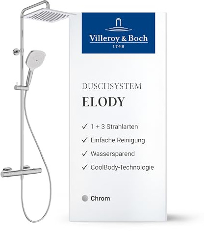 Villeroy & Boch Elody système de douche, complet avec thermostat – Chrome | Douche à effet pluie, douchette à main avec 3 types de jet, économe en eau, TVS13000100061