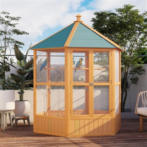 Bird Cage,Multi-Use Solid Roof Hexagonal Outdoor Aviary Bird CageNatural,Double Doors,Separate Staggered Perches,Brown and Green