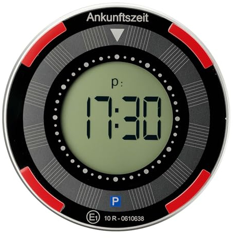 WilTec Disco de Aparcamiento electrónico Redondo con Panel Solar – parquímetro Reloj de estacionamiento Digital con Cambio automático de Hora y homologación KBA