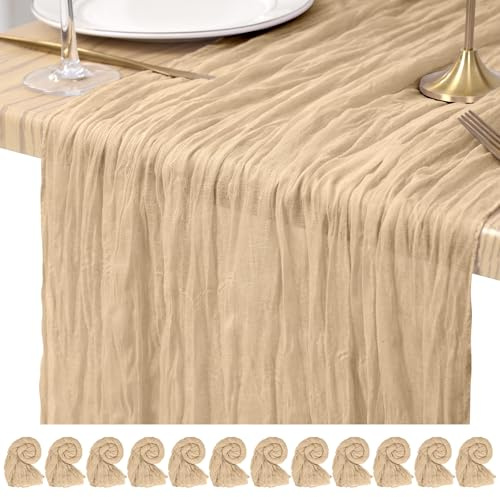 Pesonlook Gasbind Bordslöpare Beige, 12-pack 45x274 cm, Lång | Rustik boho gasväv bordslöpare, skrynklig textur, mjuka, tvättbara återanvändbara dekorationer för bröllopsfest middag hem