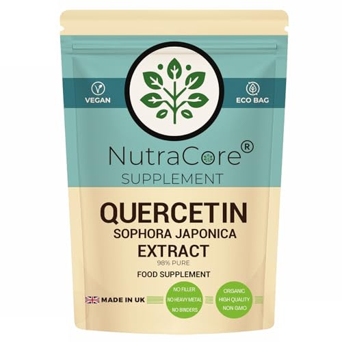 Quercetin Extract 550mg Capsules – 98% Pure Quercetin from Sophora Japonica, Vegan Capsules, No Fillers, No Heavy Metals, Made in UK-NutraCore (90)