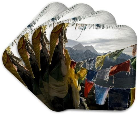 3dRose Prayer Flags on Gokyo Ri, Mt Everest, Nepal - AS26 DNY0012 - David Noyes Set of 4 Coasters - Soft