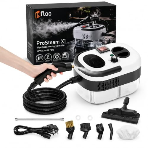 INfloo ProSteam X1 Limpiadora de Vapor 2500 W, Vaporeta Multiusos con 6 Niveles de Vapor y Depósito 1,2 L, Máquina de Limpieza a Vapor para Suelos, Ventanas, Baño, Cocina, Juntas y Azulejos