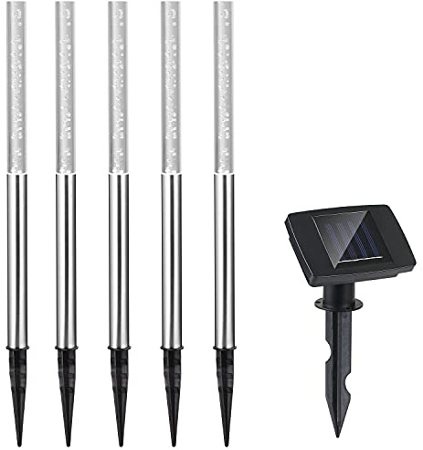 MONZANA 5x Solarlampe für Außen Wetterfest mit Dämmerungssensor Weiß IP44 | Automatisch, Solar, Gartenbeleuchtung, Akku bis zu 8 Stunden LED, Erdspieß, Außenlampe, Garten, Balkon, Deko, Edelstahl