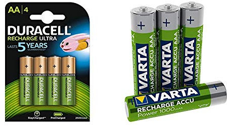 Duracell Ultra HR6DX1500 Akkus mit geringer Selbstentladung (2500mAh) 4er Pack + Varta Rechargeable Accu Ready2Use vorgeladener AAA Micro Ni-Mh Akku 4er Pack 1000 mAh