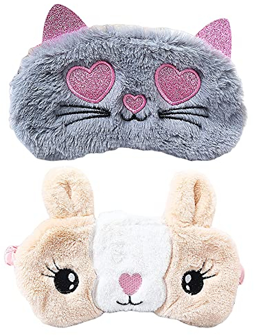 Karikatur Augenmaske CHEPL 2 Stück Tier Schlafmaske 3D Weiche Flauschige Cartoon Augenmaske Plüsch für Kinder Erwachsene Frauen, Schlafen Reisen（Katze und Kaninchen）