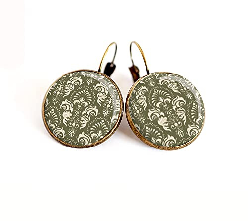 Boucles d'oreilles cabochon, petites fleurs beige et kaki