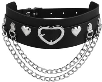 MILAKOO schwarzer PU Lederhalsband mit Herz und Doppelkette Halskette Gothic Choker Lederband einstellbar