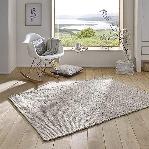 Taracarpet Handweb-Teppich Malmoe Wolle im Skandinavischem Landhaus Design Wohnzimmer Esszimmer Schlafzimmer Flur Läufer beidseitig verwendbar hellgrau meliert 090x160 cm