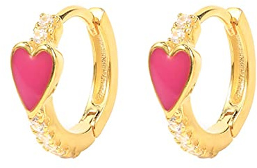 YQHWLKJ Boucles d'oreilles créoles en argent sterling 925 avec une jolie boucle d'oreille en forme de coeur en émail de couleur néon - or-rose rouge, comme indiqué