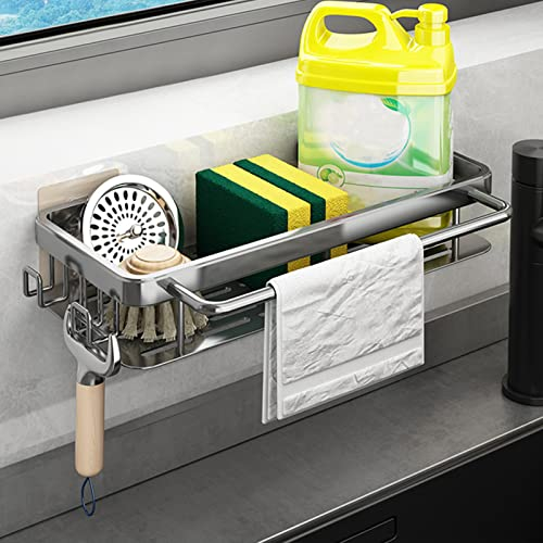Spülbecken Organizer Edelstahl Spülbecken Caddy Organizer, Waschbecken Organizer Küche Schwammhalter Organizer Korb Hängend Wand Dule-use Küchenutensilienhalter für Küche Badezimmere (Grau +haken)