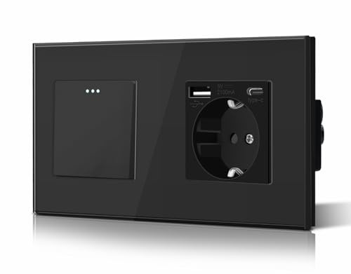 BSEED Druckknopf Rocker Tactile 1 Fach 2 Weg Lichtschalter Glas und 3 in 1 Steckdose mit 2.1A USB Ladeleistung mit Type C Adapter Aufladestation Glasscheibe Wandschalter Schwarz