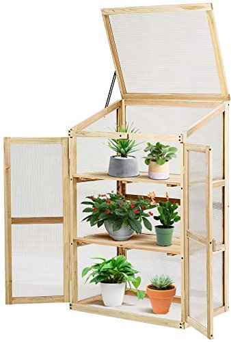 GYMAX Serre de Jardin en Bois avec 3 Étages, Serre à Plantes avec Couvercle Rabattable, Bac à Plantes pour Jardin, Balcon, Nature, 60 x 45 x 100CM