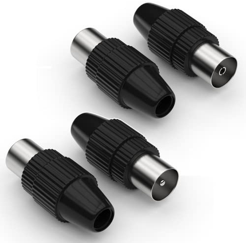 Antennenstecker Set 2x Koaxial Stecker & 2x Koax Buchse/Kupplung für Kabelfensehen IEC TV Stecker männlich & weiblich Schwarz DVB-C Radio und DVB-T2 TV Antennen für SAT Antennenkabel BK Anlagen 4K UHD