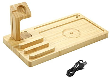 Docking station per telefono in legno, robusta stazione di ricarica in legno, caricabatterie wireless da 10 W, 4 in 1, compatibile con telefoni, tablet, smartwatch e penne capacitive