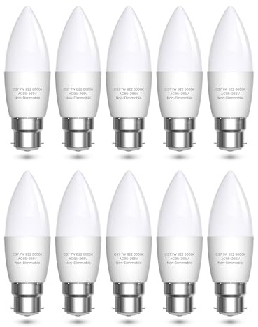 Bonlux B22 LED Candle Light 7W - 60W Incandescent Equivalent, Cool White 6000K for Ceiling Lights, 600LM, Energy Saving, 10-Pack