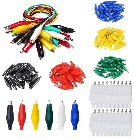 HUAZIZ 120 Stück Krokodilklemmen, 35 mm, Elektrische Testklemmen mit Rot/Gelb/Blau/Grün/Weiß/Schwarz Schutzabdeckung + 10 Stück Krokoklemmen mit kabel für Multimeter Messleitungen