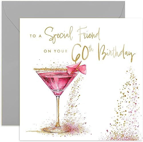 Old English Co. Geburtstagskarte zum 60. Geburtstag für Freundin – beste Freundin zum 60. Geburtstag – fabelhaftes rosa Cocktail-Goldfolien-Glitzer-Design – niedliche funkelnde Karte für sie, blanko