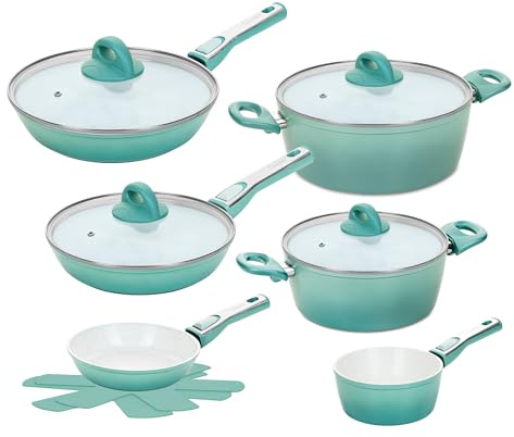 Genius Cerafit Revolution Pfannen Topf Deluxe Set 12 tlg., Glasdeckel, Viles Einleger, Keramik antihaftbeschichtete Bratpfanne, abnehmbarer Griff, alle Herdarten Induktion