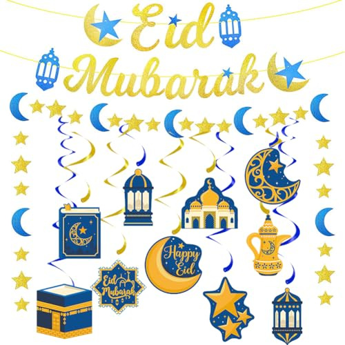 Eid Mubarak Banner Set, Muslimische Eid Mubarak Festival Girlande Banner und hängende Wirbel im Mond Schloss Muster für Zuhause Islam muslimischer Ramadan, Eid Mubarak Partydekorationen