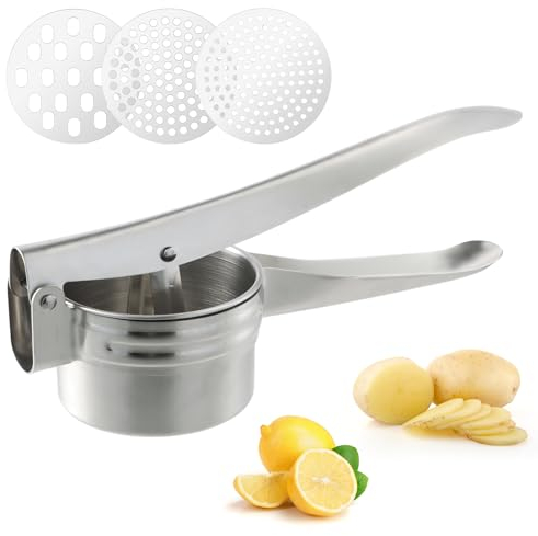 Kartoffelpresse Edelstahl,Spätzlepresse mit 3 Austauschbaren Scheiben,Spaghettieispresse, Manuelle Kartoffelstampfer, Mehrzweck-Kartoffelpress für Obstsäfte,Gemüsebrei, Babynahrung, Zitrone Auspressen