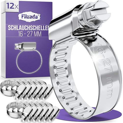 Filzada® 12x Schlauchschellen Edelstahl 16-27mm - Schlauchklemme Rostfrei | Rostfreie Schraubschelle für Pool, Waschmaschine, Gartenschlauch, Auto - Schellen Set punktgeschweißt - hohe Bandzugkraft