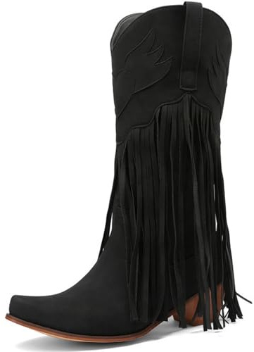 WEHAM Bottes mi-Mollet à Franges Style Cowboy Western pour Femmes, Bottes d'équitation Pointues à Talon épais et Large Mollet, Bottines de Cow-Girl Classiques brodées et Confortables