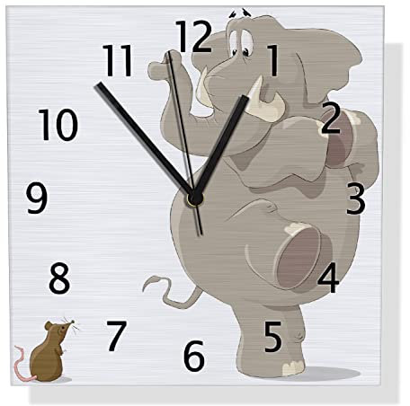 Wallario Design Wanduhr Elefant erschrickt vor Maus aus Aluverbund, Alu-Uhr Größe 30 x 30 cm, Schwarze Zeiger mit Metalloptik