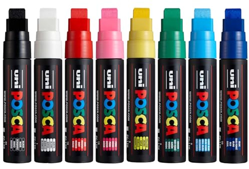 Posca PC-17K Permanent-Marker auf Wasserbasis, 15 mm Keilspitze, Set mit 8 Farben
