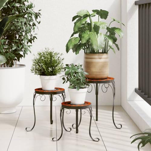 Makastle Blumenhocker 3er Set, Indoor Outdoor Blumenständer Beistelltisch Dekosäule Pflanzenständer Pflanzenhocker Säule, Terrakottarot und Weiß Keramik