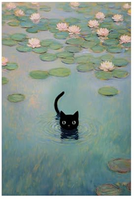 Korrazi Metal Sign Funny Black Cat Wall Art Monet Water Lilies Inspired Vintage Print Cat in Lily Pond Painting for Room, Bedroom, Living Room, Bathroom Decor Aesthetic