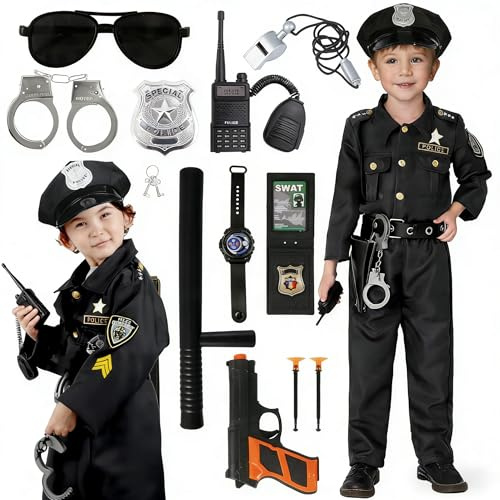 Kitimi Polizei Kostüm Kinder, Faschingskostüme Kinder Polizei Uniform Set, Gürtel Mütze Handschellen Walkie-Talkie für Karneval Halloween Kostüm(125)