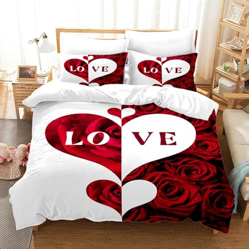 VTRXEG Bettwäsche 200x200 Liebe,Rot Und weißer Couple Bettbezug, Weich Mikrofaser ich Liebe Dich Bettwäsche Set,mit Reißverschluss1 Bettbezug Und 2 Kissenbezüge (E, 200x200cm)