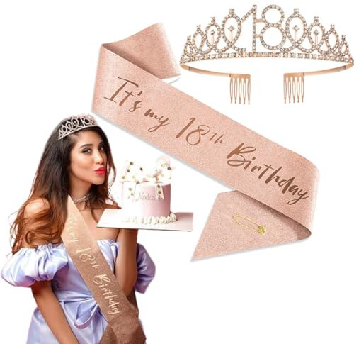 FENQURO 18 anni compleanno donna, gadget 18 anni donna, Ragazza Compleanno Ragazza Festa Vestito Decorazioni Regalo Per Addobbi Include Corona E Fascia Coroncina Rosa Bomboniere