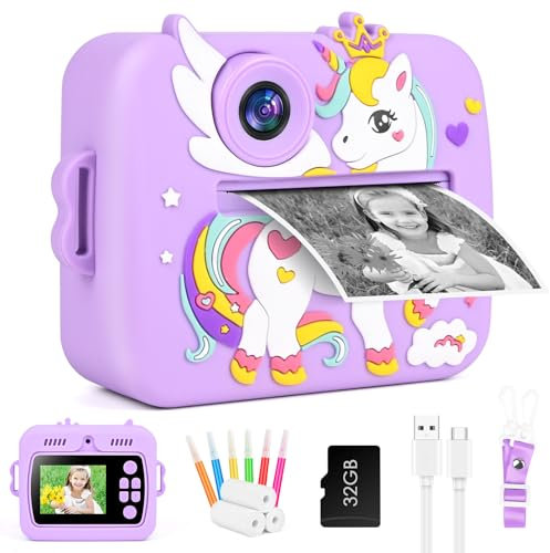 GuKKK Appareil Photo Instantané, 2.4 Écran Appareil Photo Enfant avec Papier d'impression et Carte 32GB Stylos Colorés, Mode Selfie et Video, Anniversaire Cadeau Jouet pour Enfant 3-14 Ans (Violet)