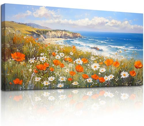 MHARTK66 Blaues Meer und Blumen Leinwand Bilder, 73x146 cm XXL Wandbilder Wohnzimmer Landschaft Bild Aesthetic, Modern Wanddeko Kunstdruck Schlafzimmer Esszimmer Flur Büro Küche