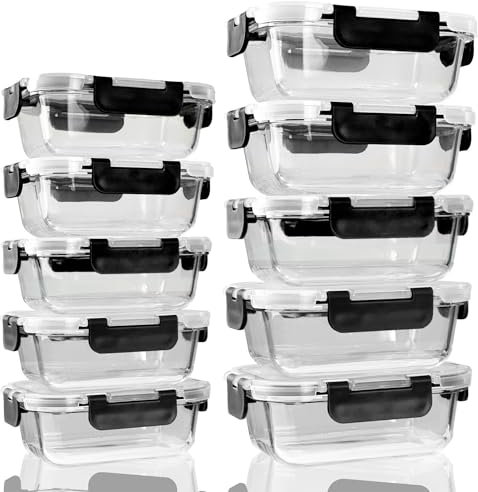 TempFoo Glass Food Storage Containers with Lids set 10, Meal Prep Reusable Airtight Lunch Box, kitchen Cooking Pantry Organizers, Suitable for Microwave Freezer - black