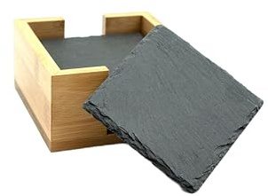 LivuX Set 6 Schiefer-Untersetzern in Holzbox,schwarz, 10x10 cm, Materialstärke 4-6 mm – quadratische Getränkeuntersetzer, Naturstein-Tischedekoration 1125