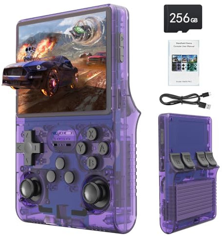 R40S Console de Jeu Portable, 30 000 Jeux rétro en 1 Console de Jeu avec système Linux Open Source, Carte TF 256 Go, écran IPS de 3.5 et Batterie 3 800 mAh (Violet Transparent)